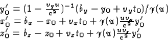 \begin{displaymath}
\begin{array}
{l}
y^\prime_0 =(1-\frac{v_y u}{c^2})(b_y-y_0+...
 ...b_z-z_0+v_z t_0+\gamma(u)\frac{u v_z}{c^2}y_0^\prime\end{array}\end{displaymath}