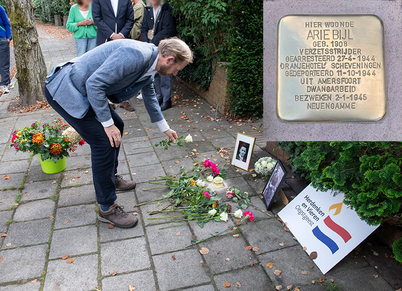 Inauguration of the Stolperstein for Arie Bijl, with prof. van der Molen.