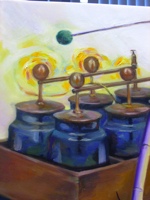 The Leiden jars pay homage to the location where the painting hangs, the Lorentz Institute, which is located in Leiden.  The yellow swirls above the brass wiring charges the viewer’s attention.  This yellowish region is inspired by swirling galaxies with Van Gogh flair.  The green ball above the jars is the end of a pendulum.  Many problems in physics reduce to solving harmonic oscillator equations.