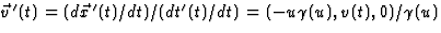 $\vec v{\,}^\prime(t)=(d\vec x{\,}^\prime(t)/dt)/(dt^\prime(t)/dt)=(-u
\gamma(u),v(t),0)/\gamma(u)$