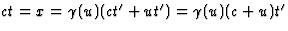 $ct=x=\gamma(u)
(ct^\prime+ut^\prime)=\gamma(u)(c+u)t^\prime$