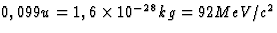 $0,099 u = 1,6 \times 10^{-28} 
kg = 92 MeV/c^2$